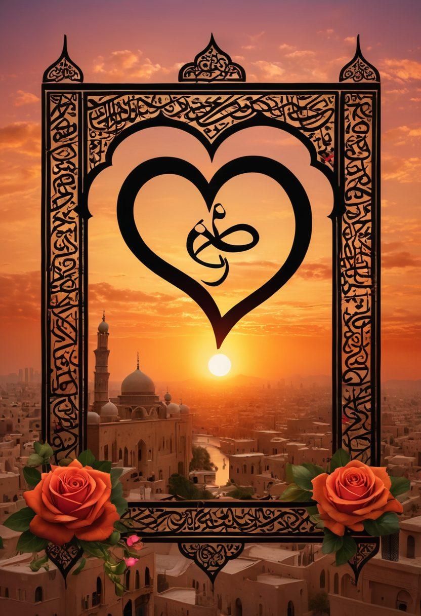 A beautifully illustrated scene depicting Arabic calligraphy intertwining with romantic symbols like hearts and roses. The background features a sunset casting warm hues over an ancient city skyline, symbolizing love across time and culture. Infuse elements like traditional Arabic patterns to enhance richness, and ensure the whole composition represents a deep emotional connection through language. vibrant colors. intricate details. super-realistic.