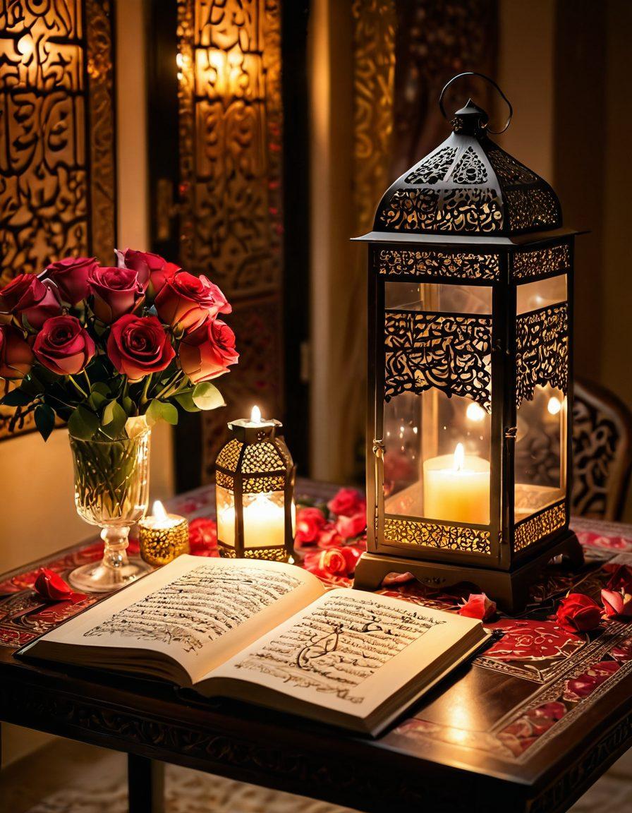 A romantic scene depicting an elegantly set table with traditional Middle Eastern decor, adorned with fragrant roses and glowing lanterns. Include an open book displaying beautiful Arabic phrases for romance, illuminated by soft candlelight. Capture a couple engaged in intimate conversation over a shared dessert, surrounded by intricate patterns of Arabic calligraphy in the background. The atmosphere should be warm and inviting, exuding love and affection. super-realistic. vibrant colors. soft lighting.