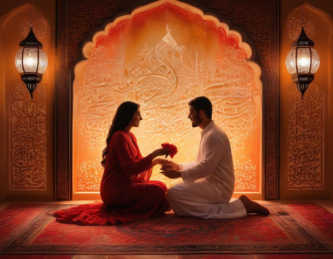 A romantic scene depicting a couple engaged in an intimate conversation, surrounded by flowing Arabic calligraphy that expresses love and emotions. Colorful traditional Arabic patterns adorn the background, enhancing the cultural richness. Soft warm lighting casts a glow on the couple, highlighting their expressions of joy and affection. Incorporate elements such as roses and lanterns to evoke romance. vibrant colors. super-realistic.